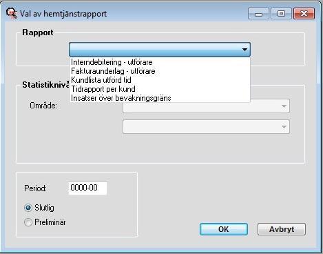 8 (9) De fem rapporterna som går att ta ut är Interndebitering (gäller kommunala utförare), Fakturaunderlag (gäller privata utförare), Kundlista utförd tid (här kan man jämföra beställd tid mot