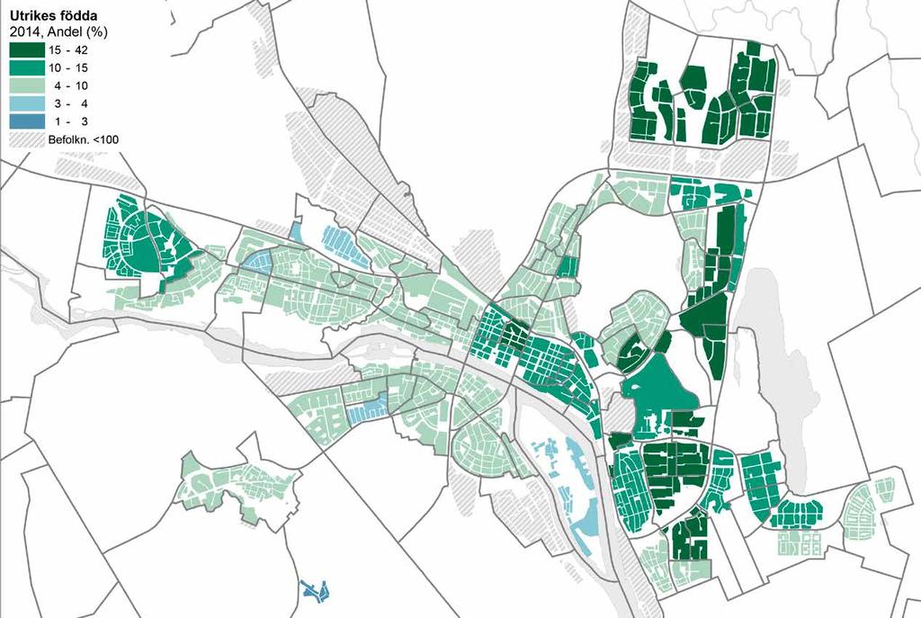 Utrikes födda Områden i Umeå tätort som har höga andelar utrikes födda finns bland annat i den östra stadsdelen. Ålidhem, Carlshem, Ålidbacken har alla höga andelar utrikesfödda.