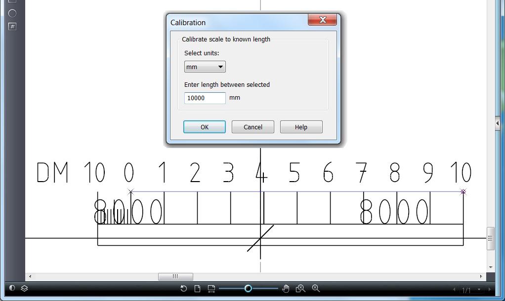 Avluta med att klicka OK. Så här gör du för att kalibrera viewern: 1. Zooma in en måttskala eller något annat känt mått på ritningen. 2.