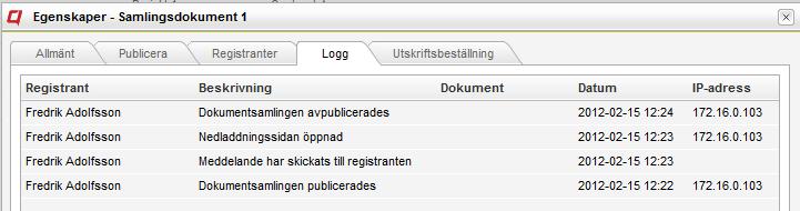 När en person går till nedladdningsytan eller laddar ned ett dokument så visas det i publiceringsloggen.