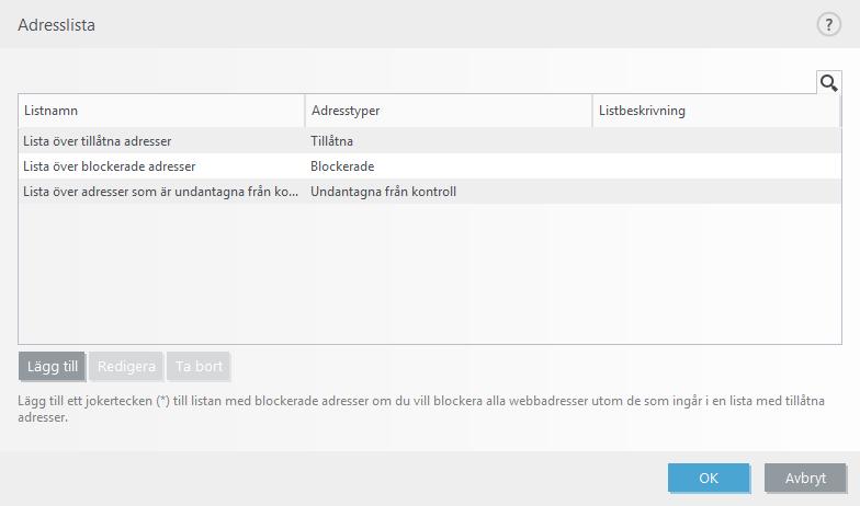 Kontrollelement Lägg till skapar en ny lista utöver de fördefinierade. Det kan vara användbart om du vill dela olika adressgrupper logiskt.