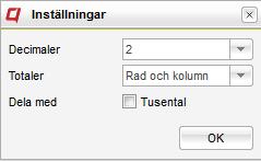 Dimensioner läggs till och tas bort med rad- och kolumnikonerna Filter läggs till och tas bort med filterikonerna Det går att flytta valda dimensioner från/till rader/kolumner med drag-och-släpp.