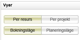 Resursanvändning kan baseras på bokning, budget resp. kvarstående enheter.. Resursanvändning Vyer och lägen Det finns två vyer Per resurs och Per projekt.