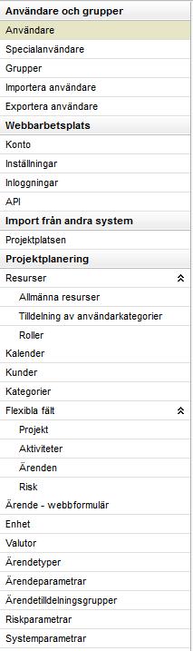 Admin Uppsättning av användare, grupper samt olika former av inställningar görs under adminfliken,.