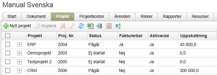 Risker Fälten kan visas i risklistan. De kan exporteras till Excel tillsammans med övrig projekt data.