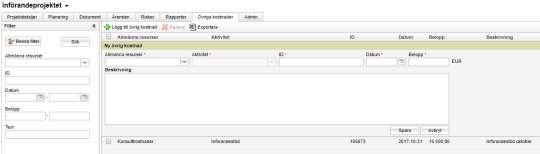 Arbeta med övriga kostnader Fliken Övriga kostnader på projekten har funktionalitet för att arbeta med övriga kostnader. Det är här de läggs till, raderas och uppdateras.