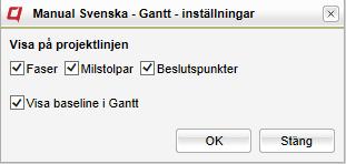 Inställningar Det går att visa fasfärger, milstolpar och beslutspunkter på projektraden. Det väljs under inställningar.