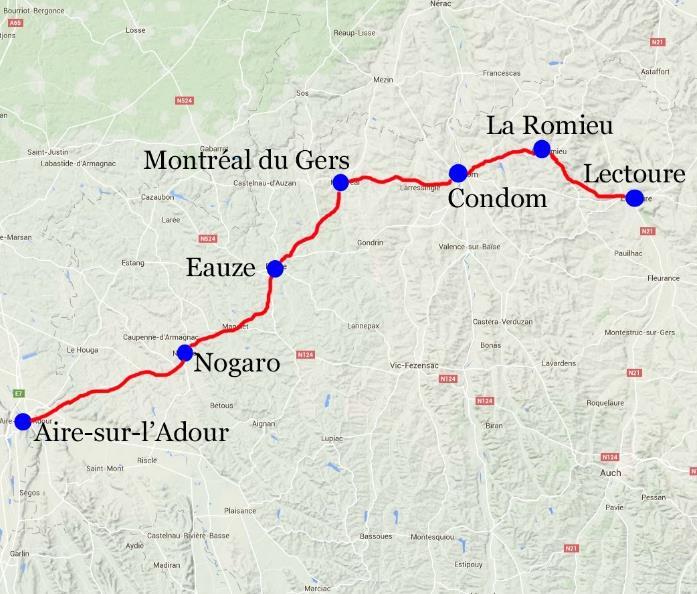 Via Podiensis, lectoure Aire sur l Adour, 7 nätter 6(9) Svårighetsgrad Vandringen varierar från lätt till krävande. Fem dagar är lätta och en dag är krävande.