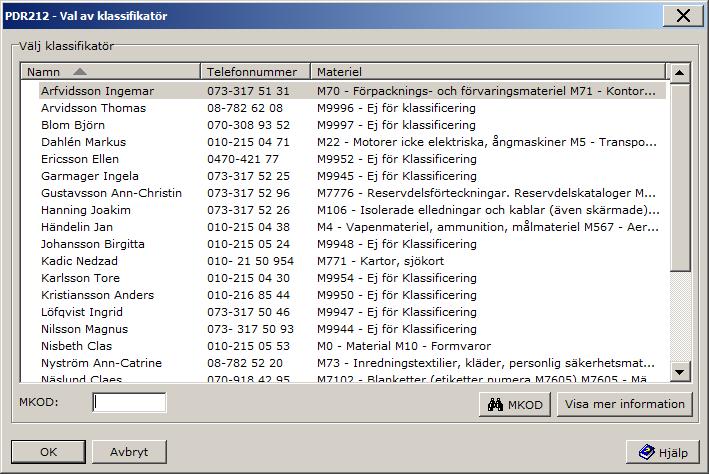 Användarhandledning Produkt Data Registrering (PDR) Klassificering Sida 89(107) PDR Klassificering Version: 3.8.1 Datum: 2010-03-08 har utgått PDR212 - Val av klassifikatör I det här formuläret visas de klassifikatörer som kan väljas.