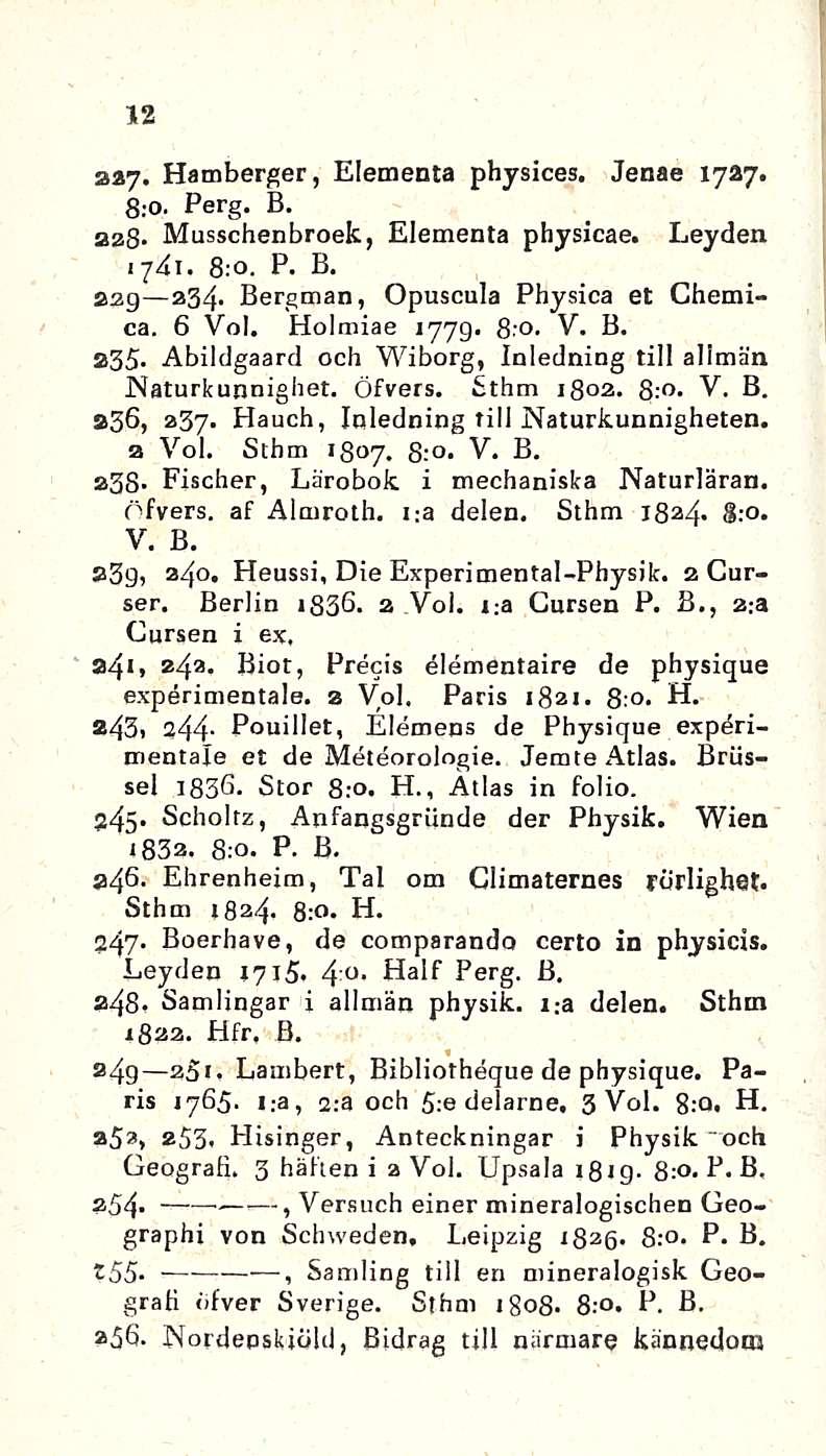 12 aay* Hamberger, Elementa physices. Jenae 1727. 8:0. Perg. B. azb- Musschenbroek, Elementa physicae. Leyden 8:0. P. B. a39 234.9 234. Bergman, Opuscula Physica et Chemica. 6 Voi. Holmiae 1779. 8:0. V. B. 235- Abildgaard och Wiborg, Inledning tili allmän JNaturkunnighet.