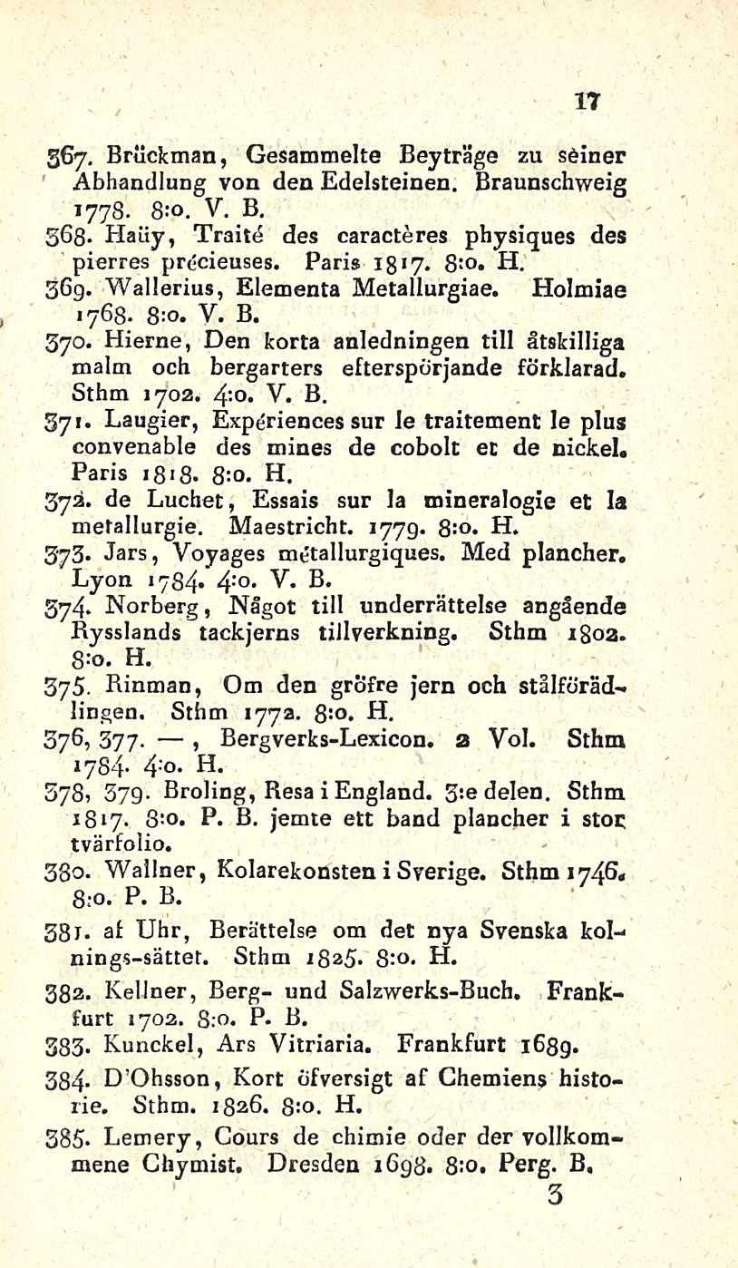 17 367. Bruckman, Gesammelte Beyträge zu såiner Abhandlung von den Edelsteinen. Braunschweig 1778. 8:0. V. B, 363. Haiiy, Traite des caracteres physiques des pierres prdcieuses. Paris 1817. B'o. H. 369.