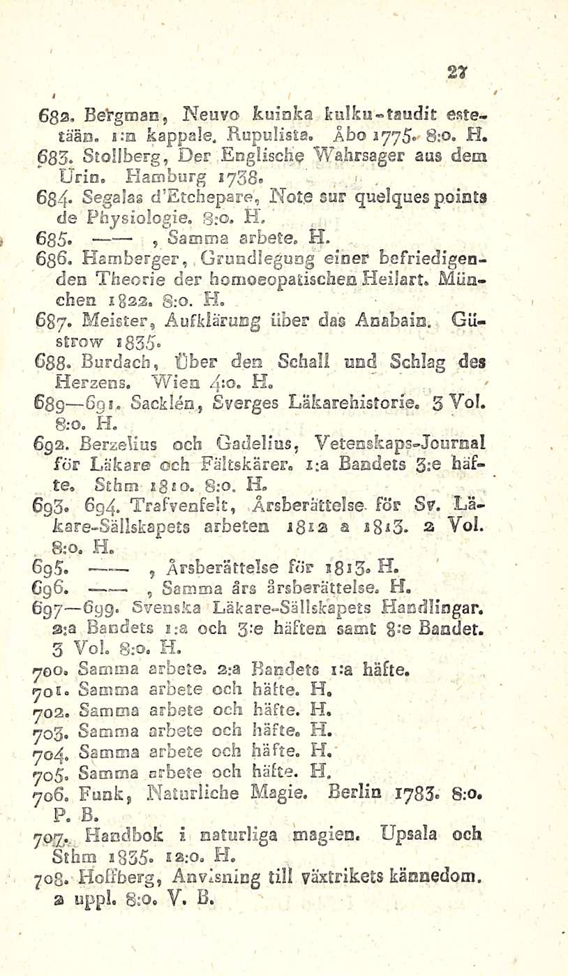 27 6ga. Bergman, Neuvo kuinka kulku-taudit estetään. i:n kappale, Kepulista. Åbo 1775. 8:0. H. 683. Stoliberg, Der Englische Wahrsager aas dem Urin, Hamburg 1758.