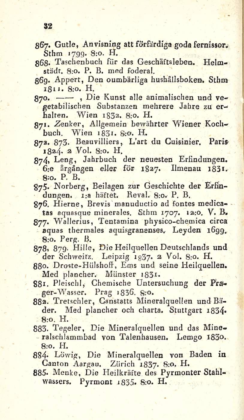 32 867. Gutle, Anvisning att forfärdiga goda fernissor. Sthm 1799. 8:0. H. 368- Taschenbuch för das Geschäftsleben. Helmstädt. 8:0. P. B. med foderal. 369. Appert, Den oumbärliga hushållsboken.