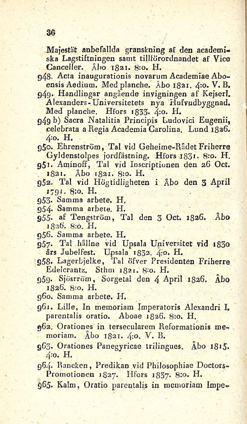 36 Majestät anbefallda granskning af den academiska Lagstiftningen samt tillförordnandet af Vice Canceller. Åbo igai. 8:o. H. g4b- Acta inaugurationis novarum Academiae Aboensis Aedium. Med planche.