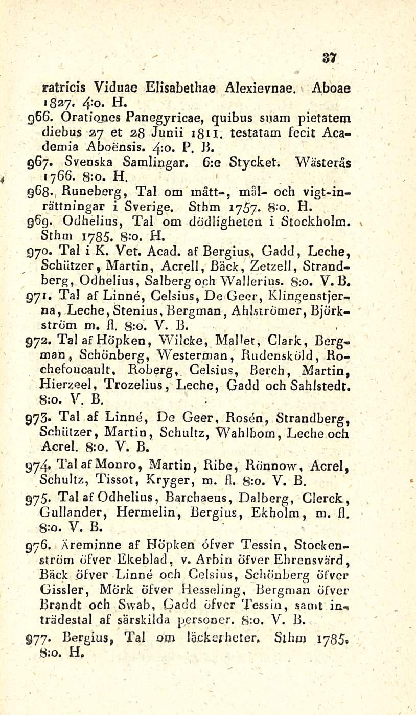 ratricis Viduae Elisabethae Alexievnae. 37 Aboae 1827, 4 : o. H. 966. Örationes Panegyricae, quibus snam pietatem diebus ay et 28 Junii 18H. testatam fecit Acadeniia Aboensis. 4:o. P. B. 067.