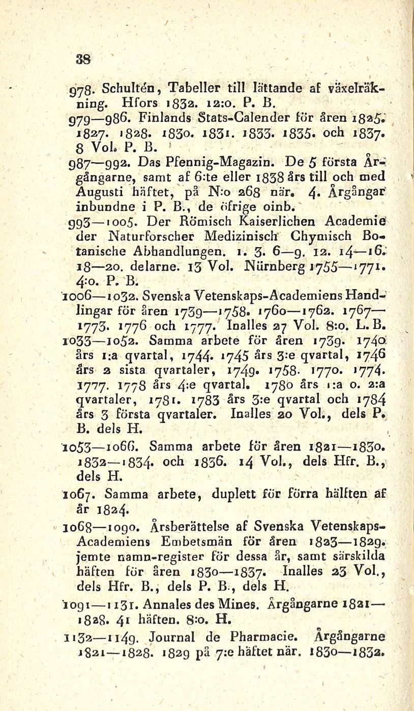 38 gyg. Schultdn, Tabeller tili lältande af växelräkning. Hfors ib3a. 12:0. P. B. 979 986. Finlands Stats-Galender för ären 1 1827. 1828- ib3o. ib3«. i83-1835- och ib3y. 8 Voi. P. B.! 987 99a.