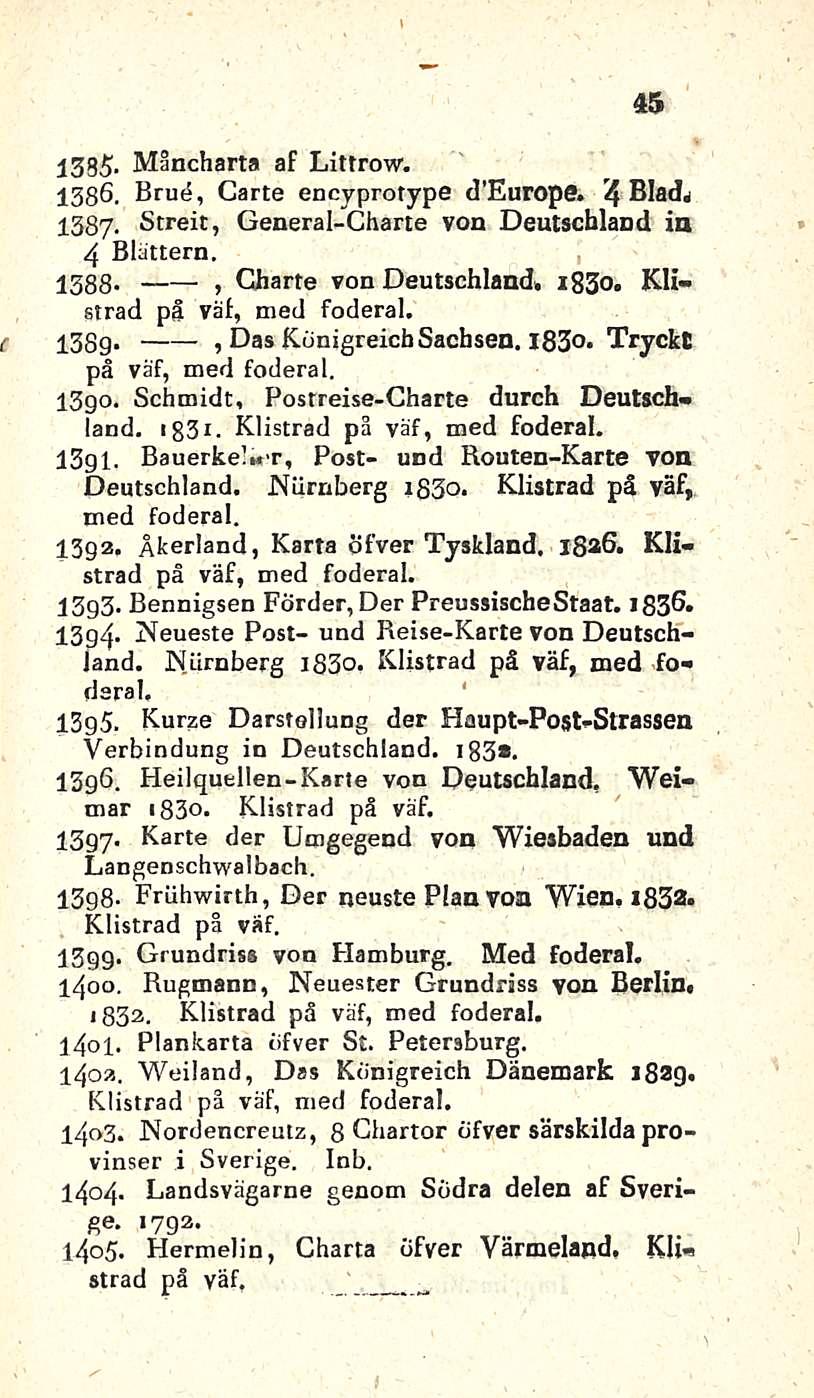 45 1385- Måncharta af Littrow. 1386. Brue, Carte encyprotype cteurope. 4 Blad. 1387. Streit, General-Charte von Deutschland in 4 Blättern., 1388- Charte von Deutschland. ib3o.