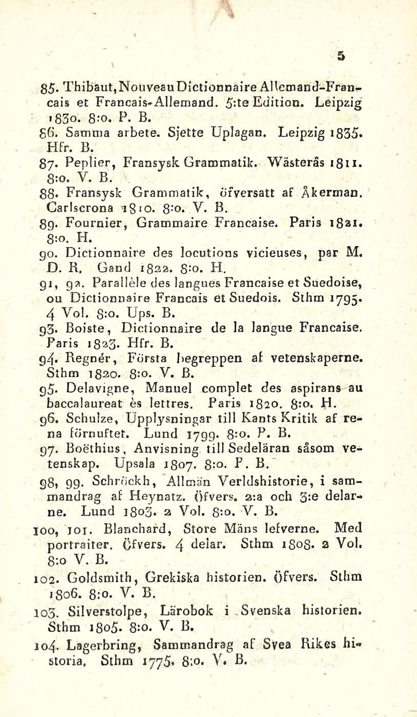 85- Thibåut,NouveauDictiönnaire Allemand-Francais et Francais-Allemand. s:te Edition. Leipzig <B3o. 8--o. P. B. g(i. Samma arbete. Sjette Uplagan. Leipzig ib3s* Hfr. B. 87.