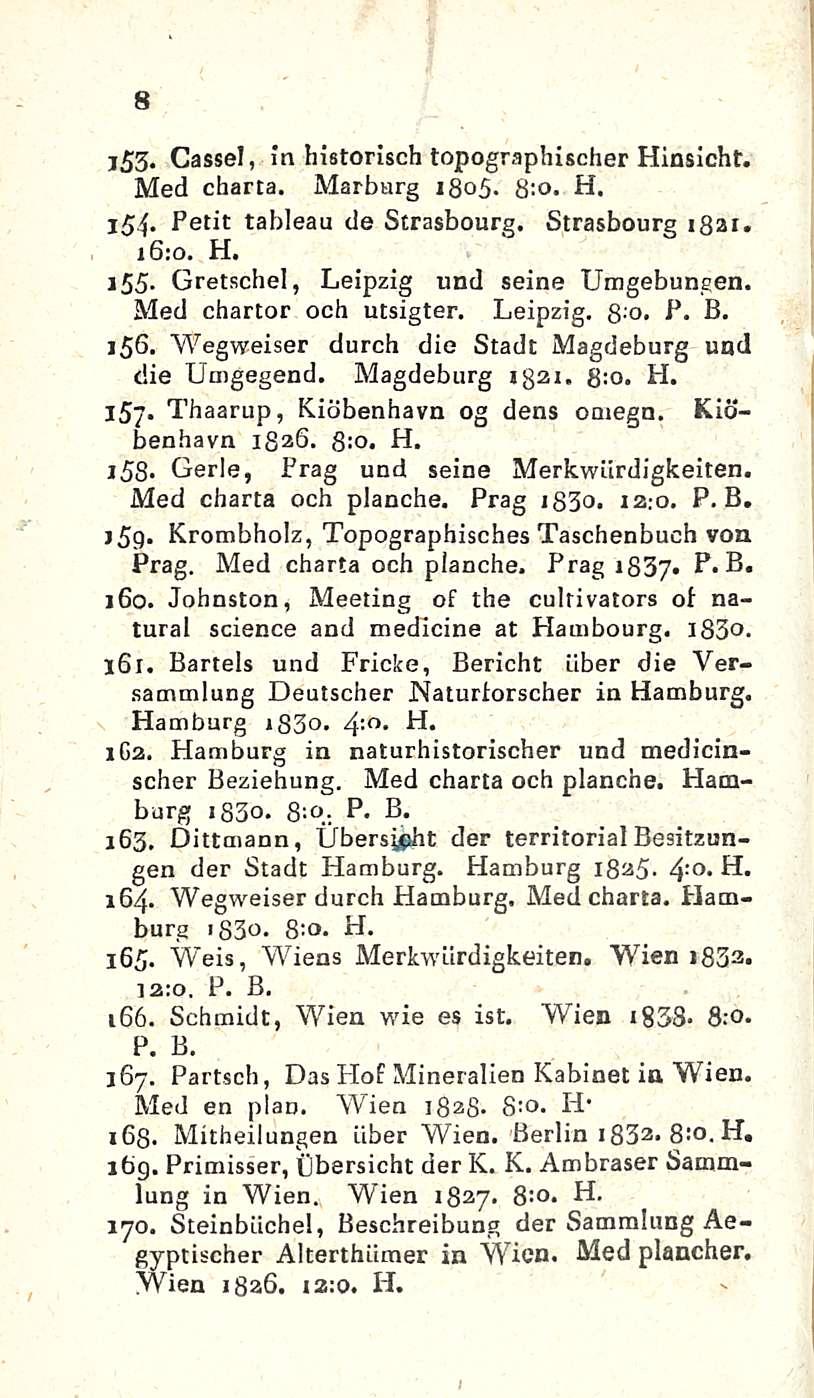 8 j53. Cassel, in historisch topographischer Hinsicht. Med charta. Marburg 1805. 8:o- H. 154. Petit tableau de Strasbourg. Strasbourg 1821. 16:0. H. 155. Gretschel, Leipzig und seine Umgebungen.