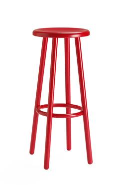 Sits i formpressad fanér betsad i matchande kulör. Barstool and stool in RAL-colour powder coating. Seat in compression moulded veneer stained in matching colour. Barpall - Höjd cm eller 8cm.