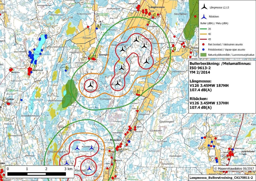 Sida 10 av 21 Figur 2. Ljudmodellering för Långmossa och Ribäcken. På området finns det inga byggnader vid vilka ljudnivån överstiger miljöministeriets riktvärde på 40 db(a).