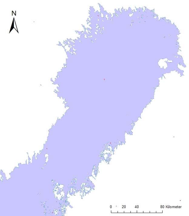 Figur 2. Inventerade områden under åren 2006-2007 (olivgröna ringar) och i projektet Kvarkenharr (röda ringar).