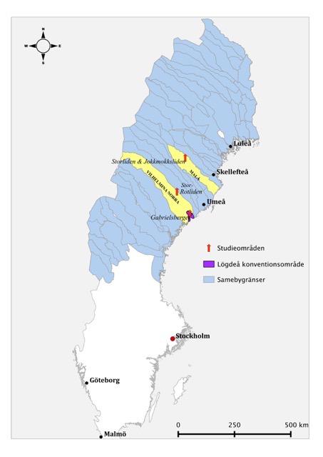 Figur 1. Karta över renskötselområdet med studieområdena i Malå skogssameby och Vilhelmina Norra sameby.