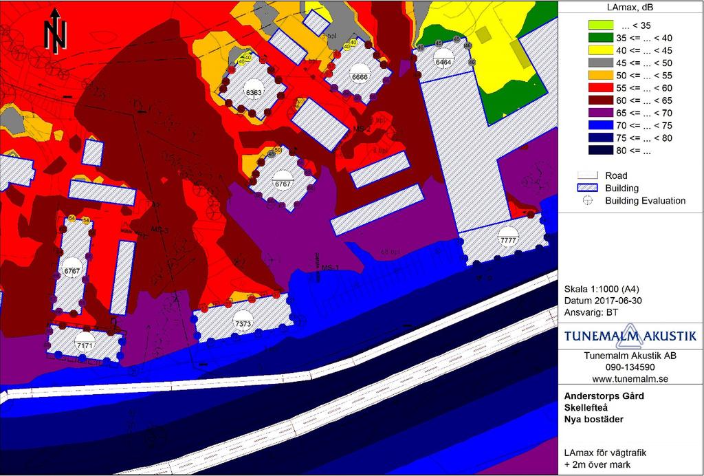 60-62 db. Längre från vägen och på baksidorna ligger nivåerna under 60 respektive 55 db. 7.