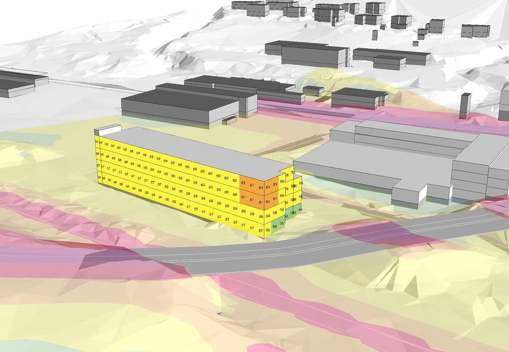 Bilaga 7 Ljudnivå vid fasad, prognosår 2030 Vy från nordöst Södertälje Kommun Kolpenäs Beräkning nr:4 Filnamn:7-F_Leq_P Värden vid fasad avser beräknat frifältsvärde vid