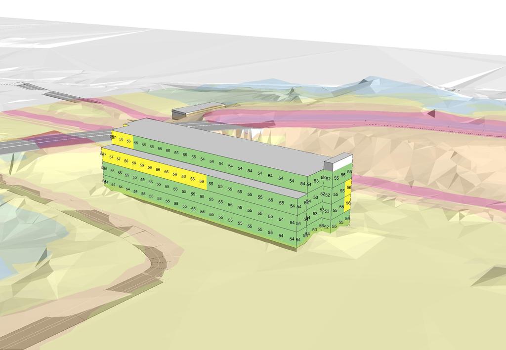 Bilaga 8 Ljudnivå vid fasad, prognosår 2030 Vy från sydväst Södertälje Kommun Kolpenäs Beräkning nr:4 Filnamn:8-F_Leq_P Värden vid fasad avser beräknat frifältsvärde vid