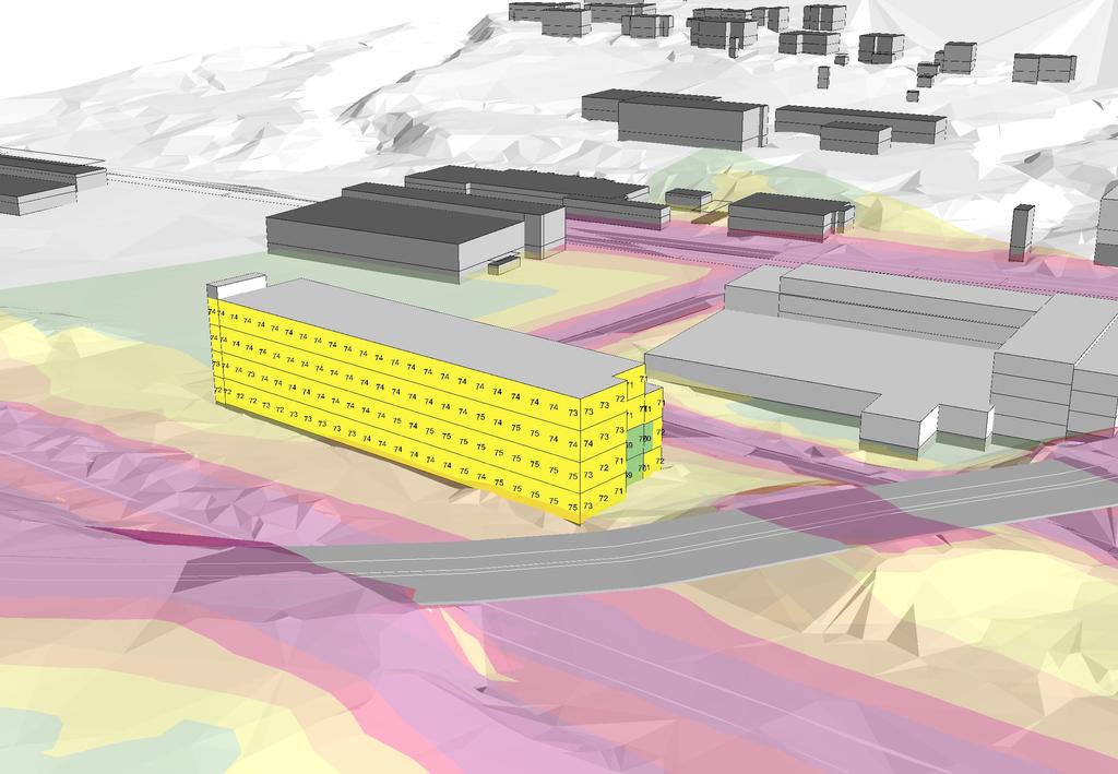 Bilaga 9 Ljudnivå vid fasad, prognosår 2030 Vy från nordöst Södertälje Kommun Kolpenäs Beräkning nr:0 Filnamn:9-F_Max_P Värden vid fasad avser beräknat frifältsvärde