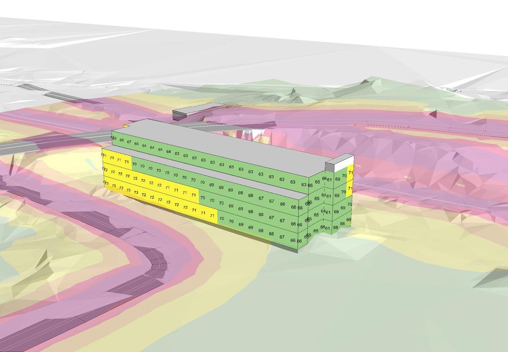 Bilaga 10 Ljudnivå vid fasad, prognosår 2030 Vy från sydväst Södertälje Kommun Kolpenäs Beräkning nr:0 Filnamn:10-F_Max_P Värden vid fasad avser beräknat frifältsvärde