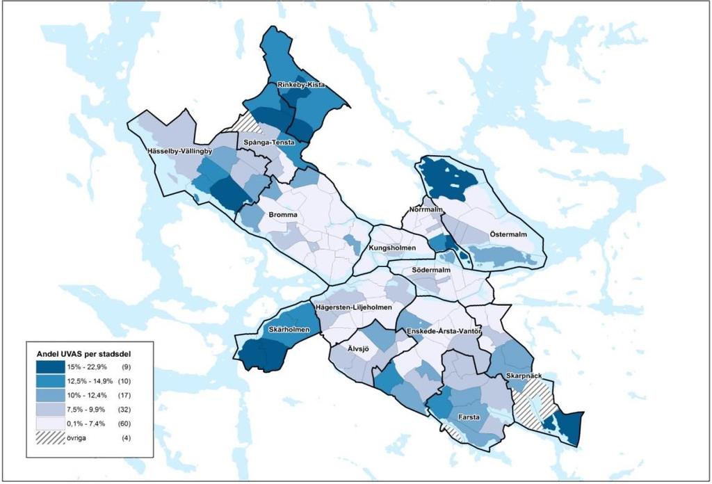 17 (60) Figur 1. Karta över andel UVAS av befolkningen 16-29 år per stadsdel, Stockholms stad 2013 Källa: Sweco Strategy.