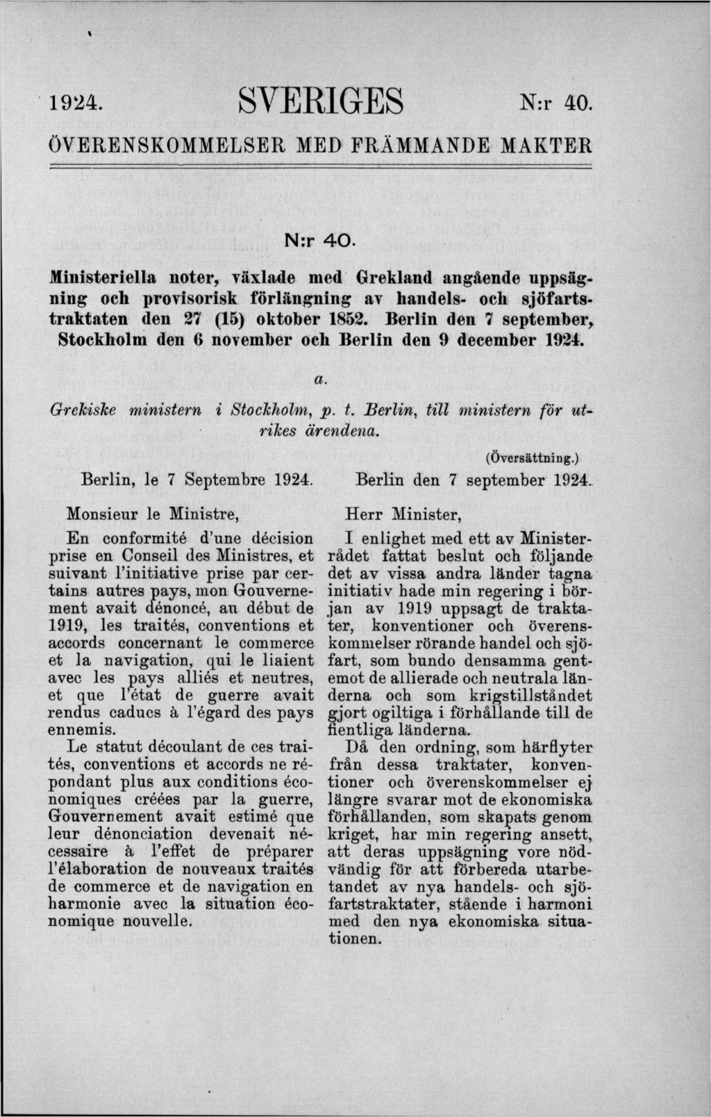 1924. SVERIGES N :r 40. ÖVERENSKOMMELSER MED FRÄMMANDE MAKTER N:r 4 0.