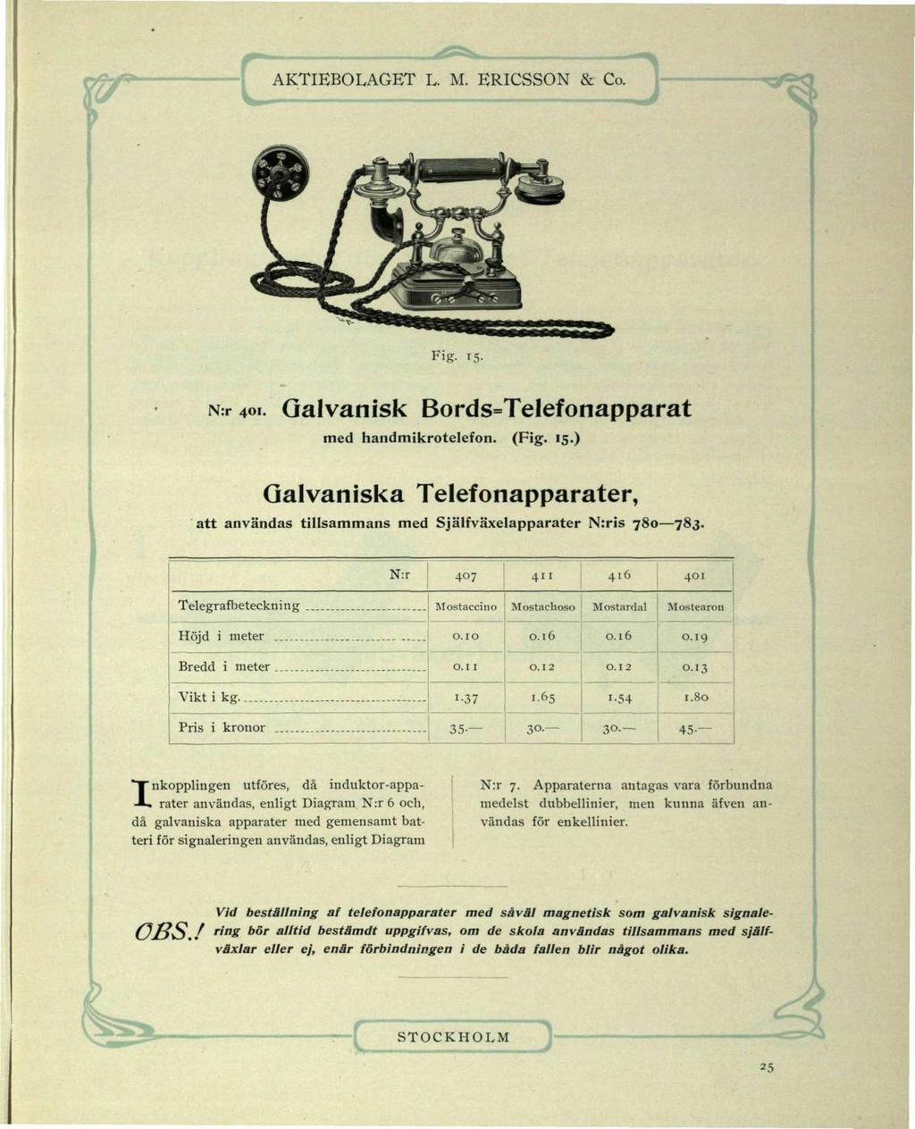 Fig- i5- N:r 401. Qalvanisk Bords=Telefonapparat med handmikrotelefon. (Fig. 15.) Galvaniska Telefonapparater, att användas tillsammans med Själfväxelapparater N:ris 780 783.