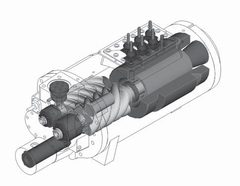Mekaniska driftsprinciper Figur 10 CHHC - RTHF-kompressorbeskrivning Extrarotor Huvudrotor Lager Motor-kåpa Rotor-hus Kolv-hus Lager-hus Backventil, utlopp Slidventil Motorstator Avlastningsventil