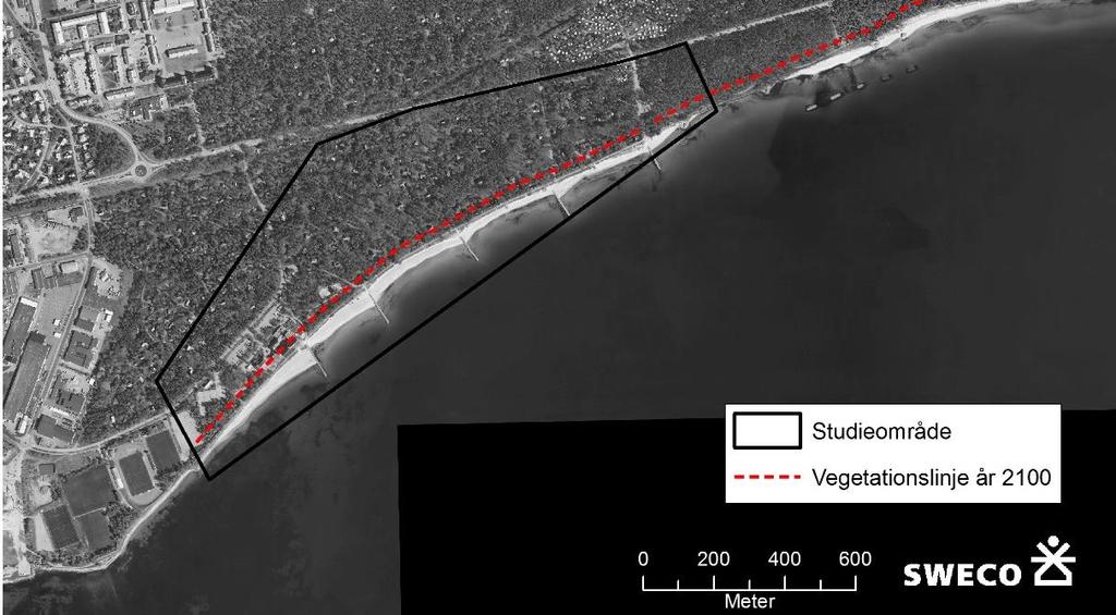 6.1.2 Erosion från stigande havsnivå Stigande havsnivåer kommer att leda till att sand omfördelas från strandplanet till delar av strandprofilen som ligger under vattenytan.