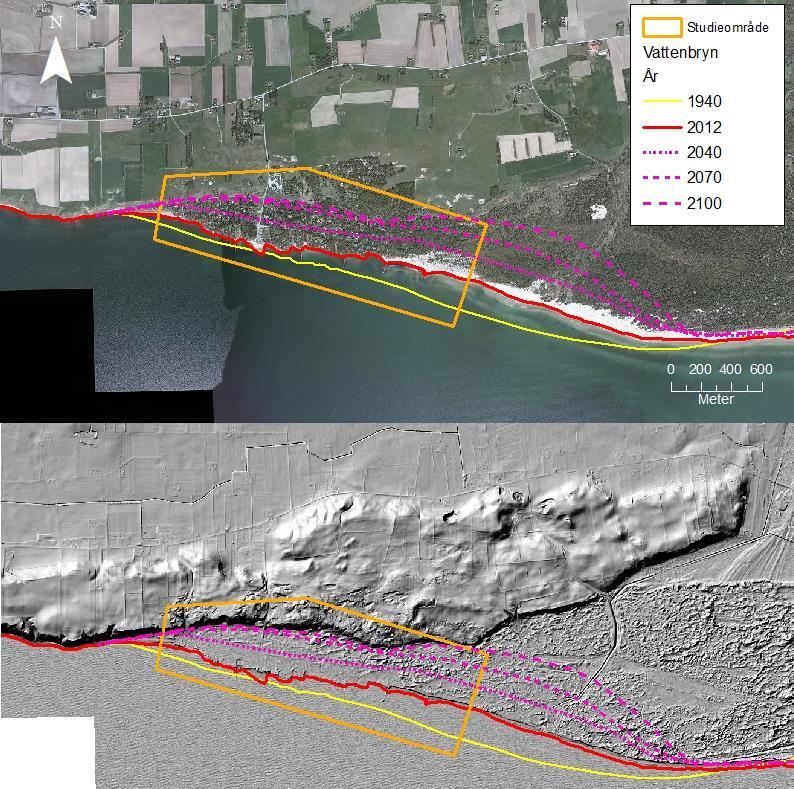 Tabell 6.5 Förflyttning av strandlinje antaget 5 m/år under de första 25 åren, därefter 3 m/år.