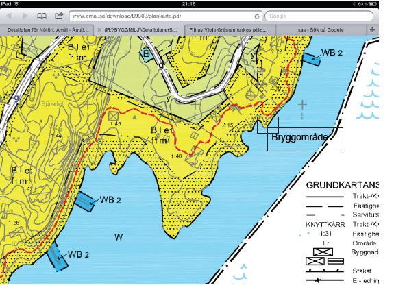 ÅMÅLS KOMMUN 17(19) På plankartan finns inget bryggområde vid stranden för fastigheten Knyttkärr 2:14. För närvarande har vi en gjuten kaj/brygga som byggdes på 50-talet.