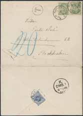 300:- 205K L16 20 öre på underfrankerat brev sänt från KJØBENHAVN 9.12 till STOCKHOLM 10.12.1889. Utvikt för montering, baksidan beskuren.