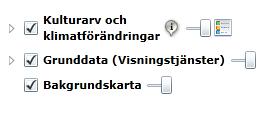 Grupper och kartlager När webb-gis öppnas syns: 10 10. Till höger om dessa finns en slidebar med vilken kartlager kan göras transparanta genom att klicka på och dra knappen.