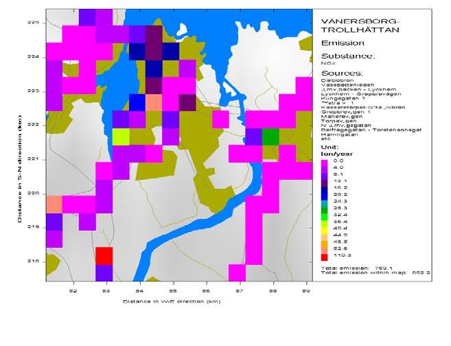 Emissionsbild av vägtrafiken i Vänersborg. Beräknad vindenergi för södra Dal.