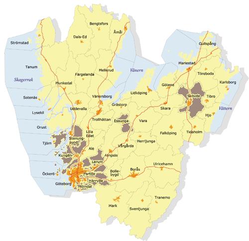 Figur 2 De gulmarkerade kommunerna ingår i Luft i Väst och deltog i mätningarna i Västra Götalands län 2003/04. 2.1 Tidigare mätningar Under 2002/03 mättes partiklar (PM 10 ) i de tre kommunerna Mariestad, Borås och Färgelanda.