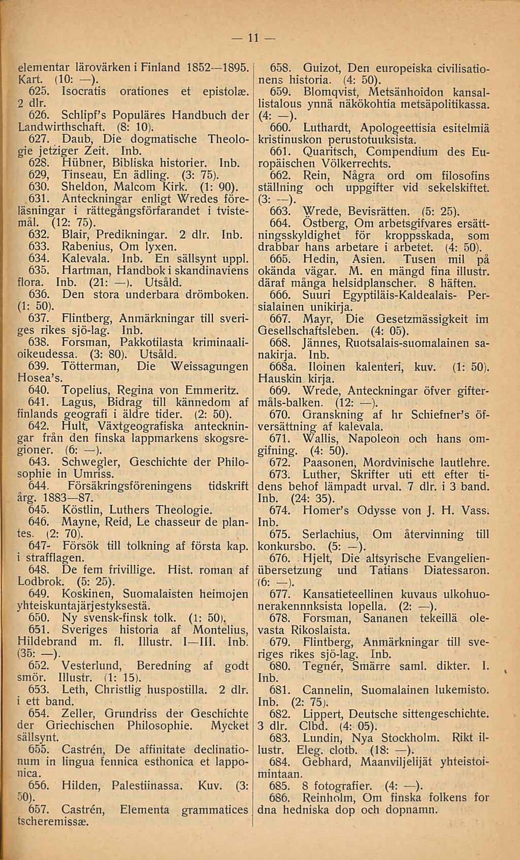 elementar lärovärken i Finland 1852 1895. Kari. (10; ). 625. Isocratis orationes et epistolae. 2 dlr. 626. Schlipfs Populäres Handbuch der Landwirthschaft. (8; 10). 627.