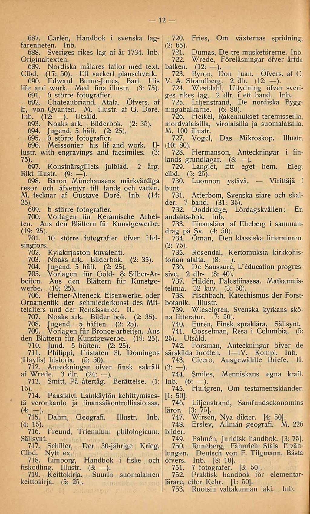 12 687. Carlen, Handbok i svenska lagfarenheten. 688. Sveriges rikes lag af år 1734. Originaltexten. 689. Nordiska målares taflor med text. Clbd. (17: Ett vackert planschverk. 690.