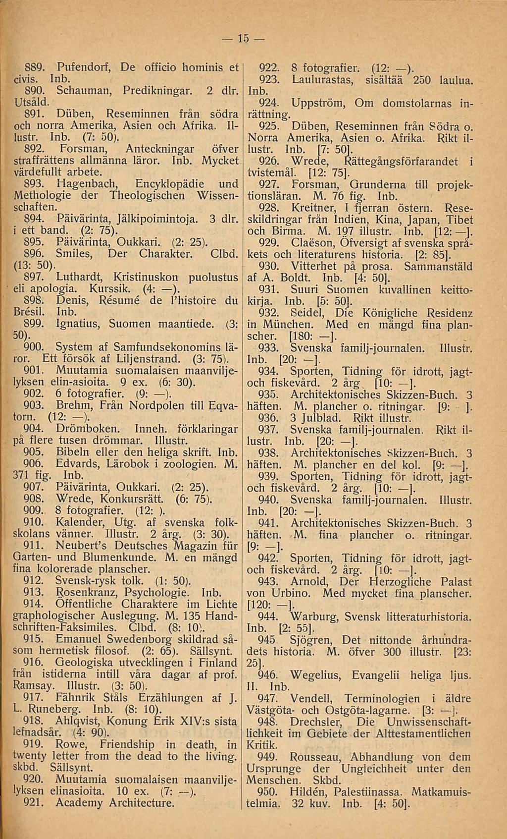 889. Pufendorf, De officio hominis et civis. 890. Schauman, Predikningar. 2 dlr. Utsåld. 891. Diiben, Reseminnen från södra och norra Amerika, Asien och Afrika. Illustr. (7: 892.