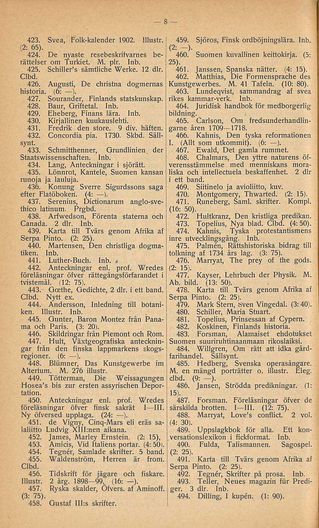 8 423. Svea, Folk-kalender 1902. Illustr. (2: 65). 424. De nyaste resebeskrifvarnes berättelser om Turkiet. M. plr. 425. SchilleFs sämtliche Werke. 12 dlr. Clbd. 426.