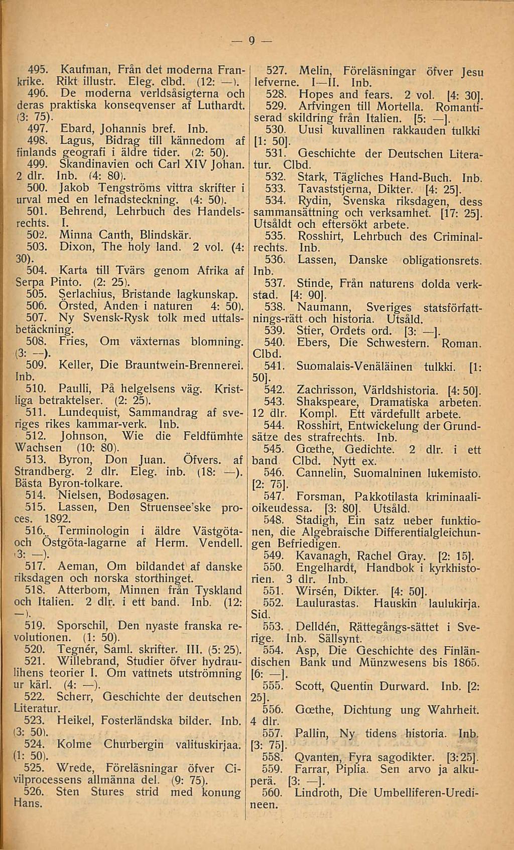495. Kaufman, Erän det moderna Frankrike. Rikt iliustr. Eleg. clbd. (12; l. 496. De moderna verldsåsigterna och deras praktiska konseqvenser af Luthardt. 497. Ebard, Johannis bref. 498.