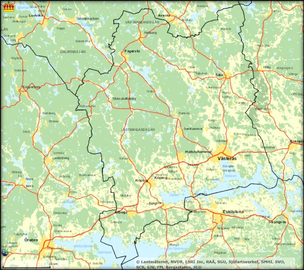 Figur 1 Bild av Västmanlands Län och dess gränser. Länet består av tio kommuner 6. Befolkningen uppgick 2012-06-30 till 255 340 invånare.