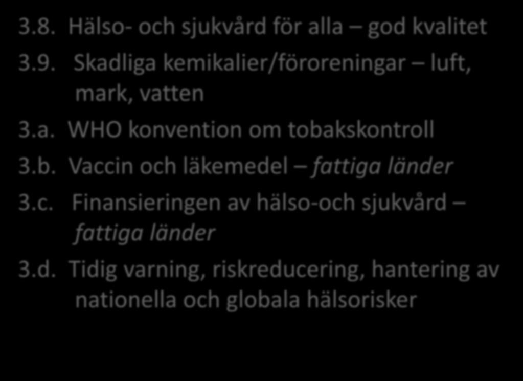 SDG 3. Hälsa och välbefinnande 3.8. Hälso- och sjukvård för alla god kvalitet 3.9. Skadliga kemikalier/föroreningar luft, mark, vatten 3.a. WHO konvention om tobakskontroll 3.b. Vaccin och läkemedel fattiga länder 3.